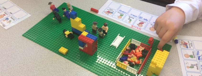 child's hand over a lego model with visual pictures showing what social skills they are working on