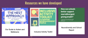 picture of three booklets. 1. The NEST approach for meltdowns, 2. Inclusive Activity Toolkit, 3. Report for schools