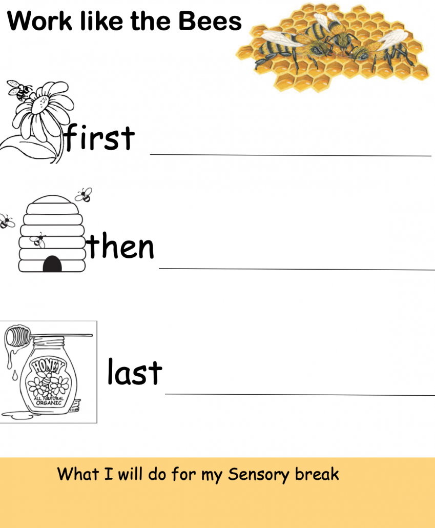 picture of a first, nest, last visual board on the theme of bees