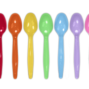 picture of different coloured plastic spoons in a row