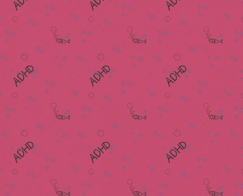 a pink background with repeating pattern of the word ADHD and fish blowing bubbles.
