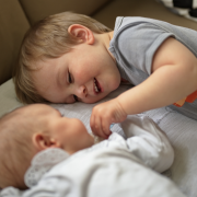 young boy lying next to a baby holding it's hand.