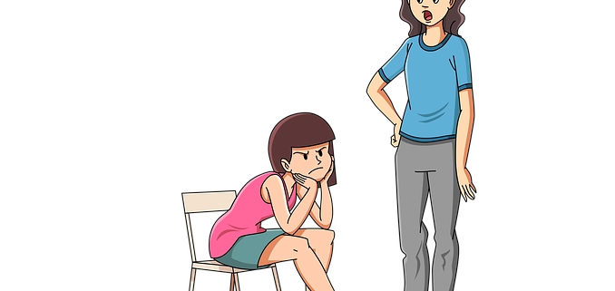 sulky Teenage girl sitting on a chair with mother stood by her with hand on her hip