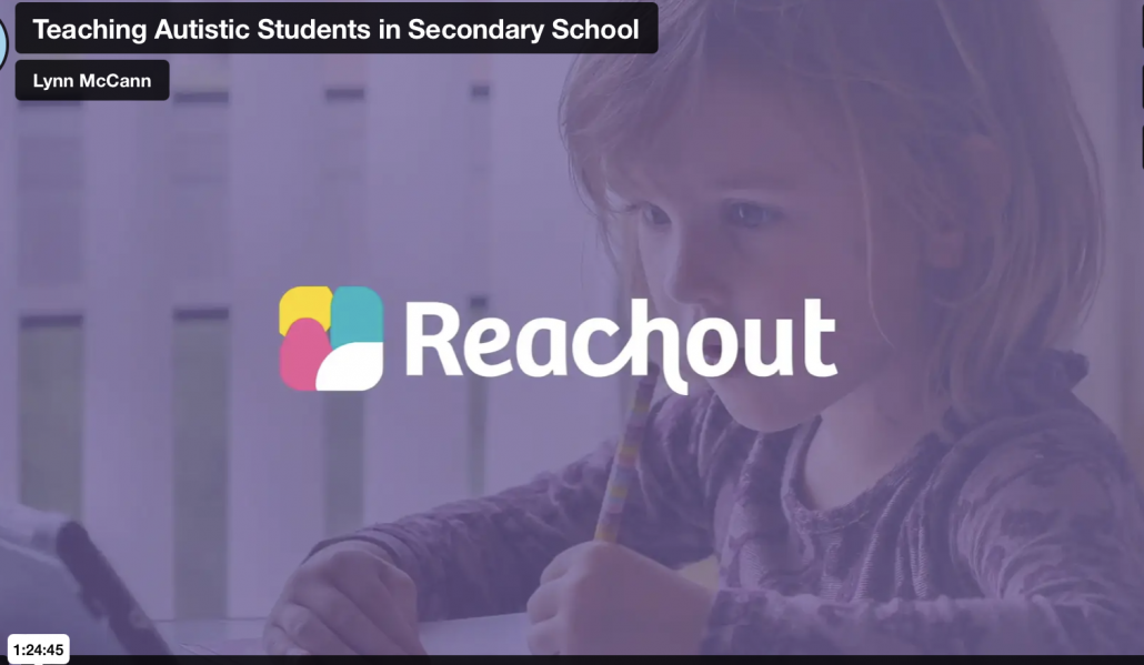 Purple background with faint picture of a young girl holding a pencil and writing. The Words Reachout and Supporting Autistic Students in Secondary School